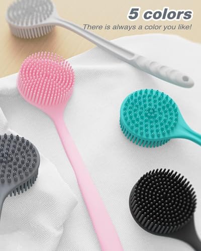 Image of KROYWEN Premium Soft Silicone Back Scrubber Shower Bath Body Brush with Long Handle Dirt Removal Back Scrubber | BPA-Free | For Men and Women (BLACK)(Pack Of 2)