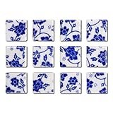 12 Pcs of Blue and White Porcelain Mosaic Refrigerator Magnets,Floral Pattern，for Photos and Notes on Offices, Kitchens Storage Cabinets Refrigerators Storage Cabinets and Whiteboards 11#
