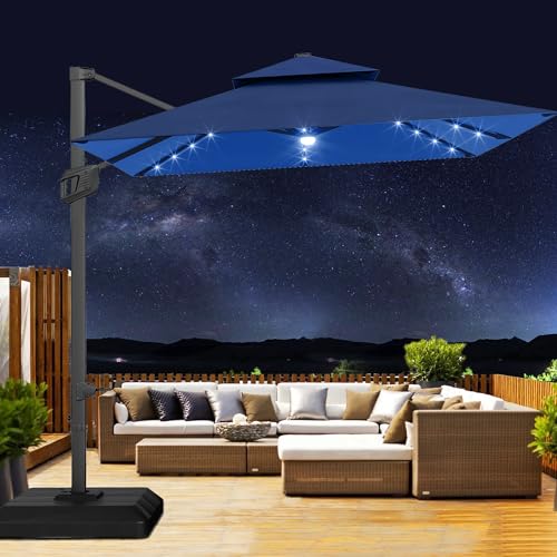 10' x 10' Heavy Duty Cantilever Patio Umbrella with Solar LED Lights & Weighted Base, 2-Tier Square Aluminum Offset Umbrella with 360-Degree Rotation for Backyard, Deck, Pool, Navy Blue