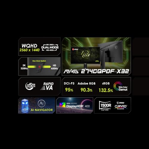 Image of msi MAG 274CQPDF X32 27-inch 2560 x 1440 (QHD) Gaming Monitor, AMD FreeSync Premium, Dual Mode with WQHD 320Hz and HD 400Hz, HDR Ready, HDMI, VGA Port, VESA, Tilt, 0.5ms, Black