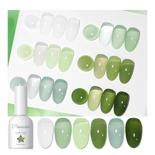 PEACECOLOR 6 Colores Pintauñas Semipermanentes Jelly, Esmaltes Semipermanentes para Uñas Verde Nail Polish UV/LED Nail Art Set