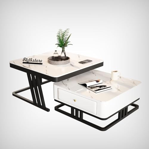 Image of RIZIK Stores Iron Frame Handmade Drawer Square Coffee Table /Nesting Table /Side Table /Center Table with Engineered Wood Top for Living Room /Drawing Room /Balcony (White Black, 30 inchx30 inch)