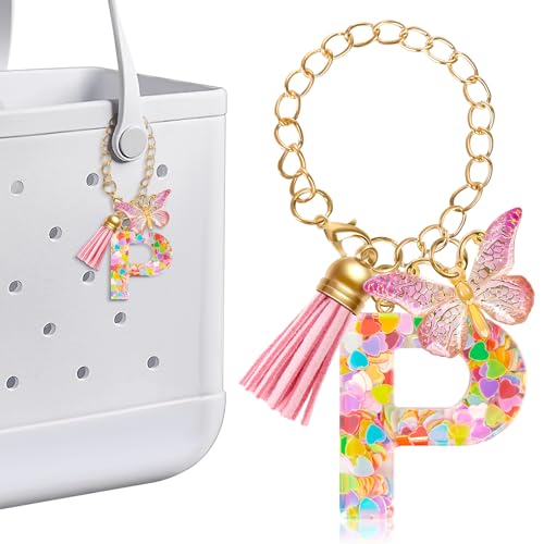 AKAIXI Letters Charms for Bogg Bag Initial Bags Accessories with Tassel & Butterfly Cute Decorative Alphabet for Women Girls Beach Tote Bags Handbags Backpacks Car Keys Decoration - Pink Letter P