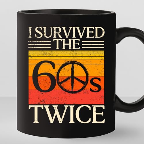 TODOLIA - Taza de café con texto en inglés "I Survived the Sixties Twice, I Survived the 60s Twice, taza de regalo de 70 cumpleaños, regalo de cumpleaños de 70 años, taza de cerámica brillante para