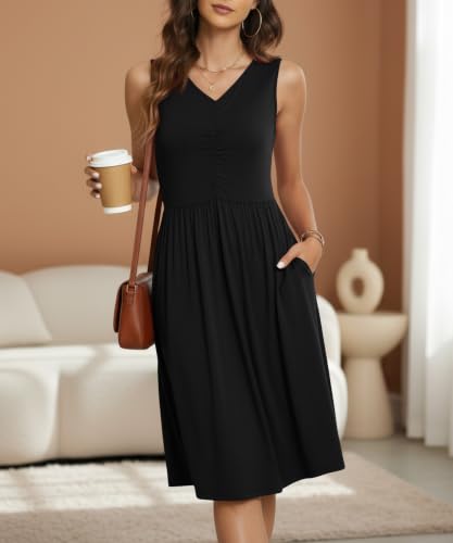 Image of NILOUFO Sleeveless Dress for Women Summer Knee Length Sundress with Pockets | Sundresses for Women Tank Empire Waist Sun Dress Cold Shoulder Casual V Neck Midi Dress Flowy Summer Dresses for Women