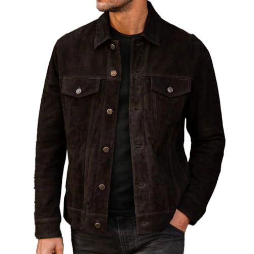 Image of Isaac & David Chicago Men's Vintage Trucker Suede Leather Jacket - Denim Biker Cafe Racer Causal Western Cowboy Jacket