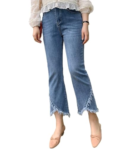 INVACHI Womens Stretch Cropped Fringe Jeans Distressed and Ripped Denim Jeans Tassel Denim Pants with Frayed Hem