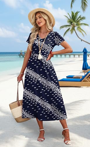 Image of OFEEFAN Summer Dresses for Women Flowy Casual A-Line Midi Dress Beach Vacation Sundresses with Pockets S-2XL