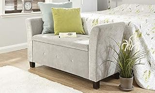 Home Source Verona Large Buttoned Luxurious Ottoman Window Storage Seat Chenille Fabric (Silver)