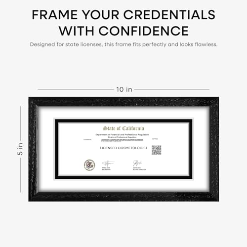 Image of Homeforia 5x10 Business License Frame Black, High End Oak 5 x 10 Black Wood Document Certificate Frame with Mat 4x9, 10x5 Wooden Picture Frames for Wall or Tabletop, Tempered Glass, Wall Kit, Set of 3