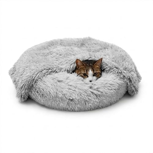 Whiskers & Friends Cat Bed, Cat Beds for Indoor Cats Washable, Orthopedic Soft Fluffy Round Calming Pet Bed for Small to Large Kitty Kittens & Dogs, Small Dog Beds & Furniture - with Blanket