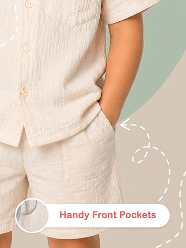 Image of Kidbea Organic Cotton Shirt & Pant Co-ord Set for Kids | Elegant & Comfortable Summer Wear | Stylish Half Sleeve Shirt with Bow & Comfy Shorts