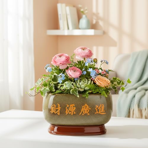 Image of Xtore Prosperous Oriental Ceramic Planter with Decorative Stand | Artistic Tabletop Flower Pot for Bonsai, Succulents, Indoor Plants & Elegant Home Decor (Brown, Planter only)