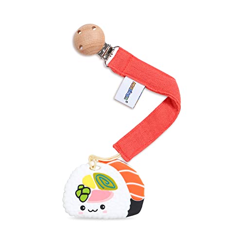 Image of Baby Food Grade Silicone Teether Toy with Pacifier Clip Holder,Teething Pain Relief Toys Gift Set for 3 Months+ Boys and Girls,Freezer Safe,BPA Free (Sushi)