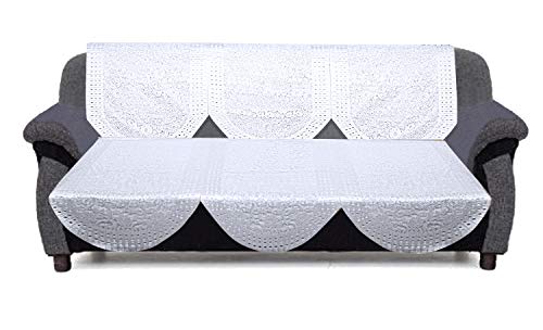 Image of Kuber Industries Flower Design Shining Cotton 6 Pieces 5 Seater Sofa Cover Set (White) CTKTC34054