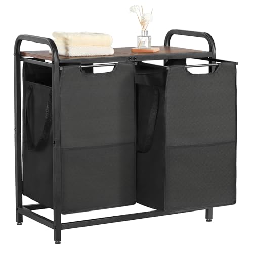 VEVOR Cesta para la Colada con Tablero de Madera, Clasificador de Ropa 668 x 330 x 710 mm con 2 Bolsas Extensibles de Tela Oxford 600D y Estructura de Metal, Clasificador de Ropa para Baño, Negro