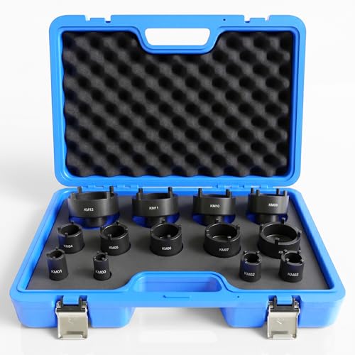KJE 13PCS Spindle Nut Socket Set for Remove Ball Joints Axle Nut Spanner Socket Set for KM Groove Nuts 21.5mm-36mm-83.5mm 4 Teeth Exterior with 1/2 Drive Compatible with GM Ford Dodge GMC