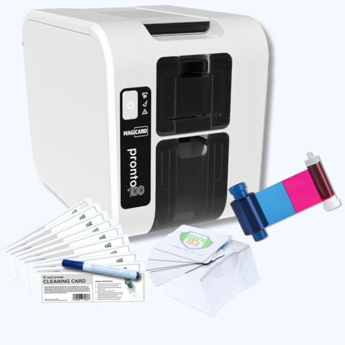 Specialist ID Magicard Pronto 100 ID Badge Printer Machine PVC Card Printer Badge Maker Bundle with 100 Blank Cards - YMCKO Ribbon & Cleaning Kit for School Student ID, Small Business I'd Cards