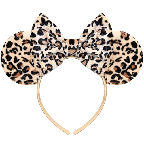 Bmobuo Leopard Print Mouse Ears Headband for Women Leopard Fuzzy Bows Park Ears Cute Hair Band