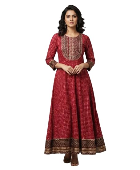 Women's Cotton Printed Anarkali Gown for Women | Flared Ghera Kurti Dress | 3/4 Sleeve Ethnic Maxi Gown | Casual & Office Maroon-image-11