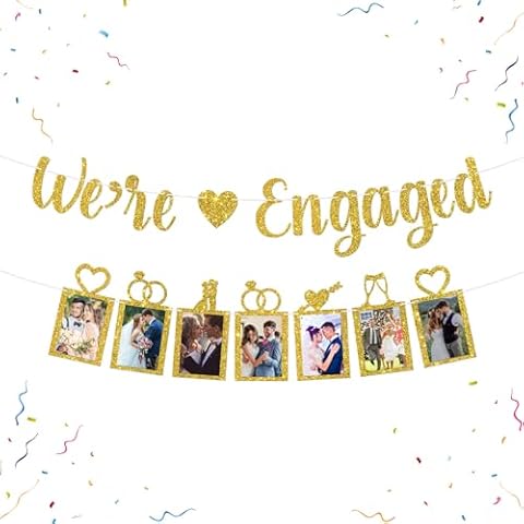 WeBenison We're Engaged Photo Banner Engagement Banner Photo Frame Wedding Bunting Decorations Bridal Shower Bachelorette Party Photo Banner Gold Glitter Cover