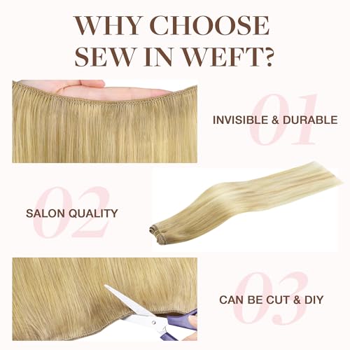 Image of GOO GOO Sew in Hair Extensions Real Human Hair, Weft Hair Extensions Human Hair, 18A /60 Blonde Balayage 22inch 110g, Weft Bundles Straight Silky Remy Hair