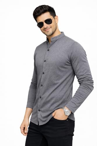 Image of Blisstone Men's Band Collar Shirt - Full Sleeve Slim Fit Casual Cotton Blend Mandarin Collar Button Down Shirt