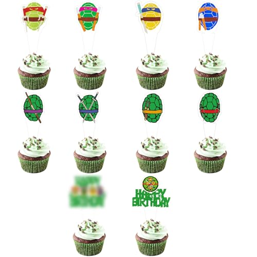 30-pcs Turtle Cupcake Toppers Anime Hero Cupcake Toppers Happy Birthday Turtle Weapon Decorations for Boy Girl Kids Birthday Party Turtle Cupcake Party Supplies