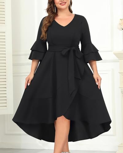Plus Size Wedding Guest Dress - Semi Formal Double Bell Sleeve V Neck High Low Split Ruffle Cocktail Dresses with Belt4