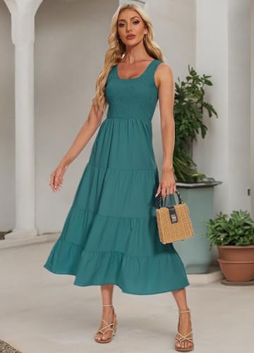 Image of Women's Summer Smocked Maxi Dresses Sleeveless U Neck Ruffle Hem Tiered A Line Flowy Dress
