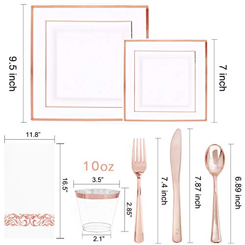 Wdf 50 Guest Rose Gold Plates With Disposable Cutlery& Rose Gold Plastic Cups-Square Rose Gold Plates And Napkins Party Supplies-Plastic Dinnerwarefor Wedding& Parties, Mother's Day #TOP1