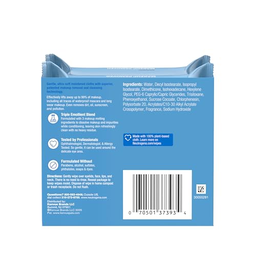 Neutrogena Corporation Neutrogena Makeup Remover Wipes Micellar Alcohol-Free Face Towelettes Remove Waterproof Mascara & Oil, Compostable 100% Plant-Based Cloth, Dermatologist & Ophthalmologist Tested, Twin Pack 2 x 25 ct