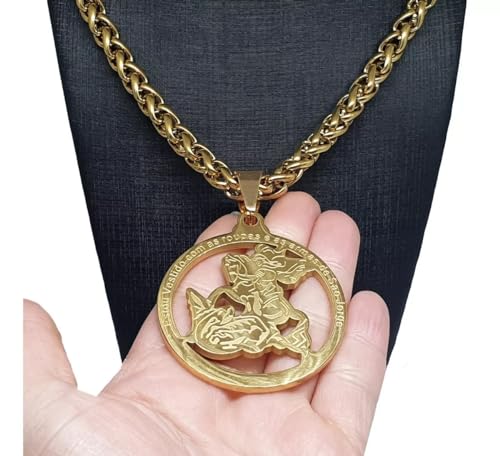 Cordão Grosso Corrente Elo Palmier com Pingente Grande São Jorge Aço Folheado Ouro 18k
