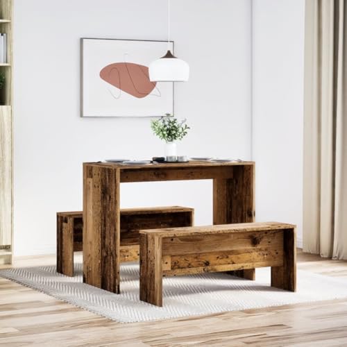 Juego de comedor compacto de 97 cm con mesa rectangular y dos bancos rústicos de madera vieja 2