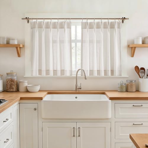 Image of Vision Home Natural Linen Pinch Pleated Tier Curtains 24 inch, Semi Sheer Kitchen Curtains with Back Tab & Hooks, Light Filtering Small Window Panels for Bathroom Laundry, 25 inch Wx24 Lx2