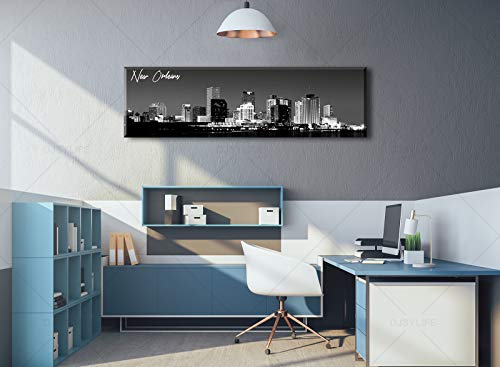 Image of DJSYLIFE Black and White New Orlean City Skyline Canvas Wall Art | 13.8 inchX47.3 inch Panoramic Cityscape Print, Ready to Hang for Bedroom, Office, Living Room Decoration