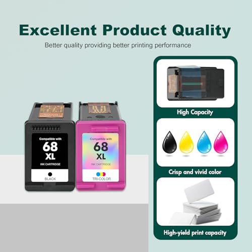 Image of 68 6155e 6555e 68XL Ink Cartridges Black /Color Combo Pack for HP68 XL 68e for HP Printers Envy 6100e 6500e Series 6152e 6165e 6558e 6552e (2 Pack 1 Black, 1 Tri-Color)