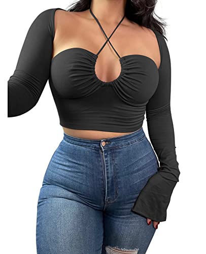 Women's Sexy Halter Criss Cross Tie Up Crop Top Basic Long Sleeve Cut Out T Shirt