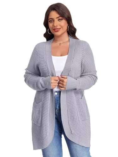 Image of LARACE Long Cardigans for Women Plus Size Tops Open Front Sweaters with Pockets Waffle Ribbed Sleeve Loose Fall Outwear