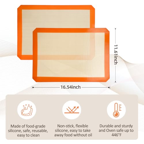 Luckyiren Silicone Baking Mat, Set of 2 Baking Pads Cookit Sheet, Non-Stick Oven-Bake Cover Runner for Making Macaroons, Cookies, Easy Clean & Reusable, 16.5 inch by 11.7 inch, Beige/Oragne, 4mm