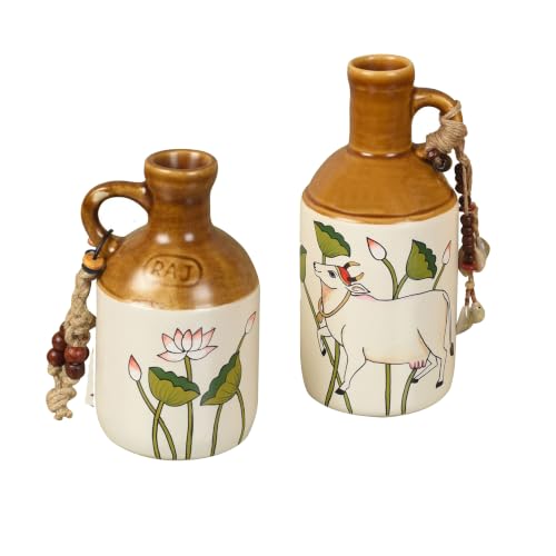 Image of AAKRITI ART CREATIONS Ceramic Planter Bottles Set of 2 | Pichhwai Art, Off-White Glossy Finish | Decorative Vases for Home Decor | Flower Pots & Tabletop Decor for Living Room