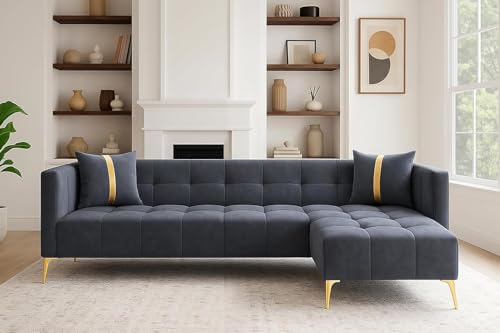Image of FURNY Styliving 6 Seater Fabric RHS L Shape Sofa Set (Dark Grey) with Golden Finish Legs | Durable & Comfortable | Ideal for Living Room, Offices