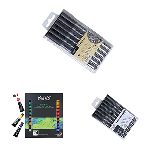 Image of BRUSTRO Technical Pen (Pack of 6) & Acrylic Paint Set of 24, Multicolour 12ml Tubes, multicolor & Professional Pigment Based Fineliner - Pack of 8 (Black)