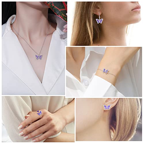 925 Sterling Silver Simple Cute Dainty Pretty Beautiful Sparkly Zircon Cz Crystal 3D Monarch Morpho Light Purple Butterfly Wing Dangle Earrings For Women With Amethyst February Birthstone Trendy Hanging Drop Nickel Free Jewelry Gifts Mothers Day Graduation Birthday #TOP5