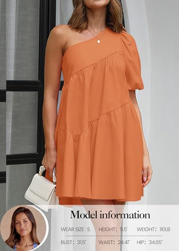 Image of KIRUNDO Summer One Shoulder Mini Baby Doll Dresses Women 2026 Casual Puff Sleeve Loose Tiered A Line Flowy Short Dress
