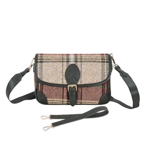 TartanAire Crossbody Bags for Women Water-Resistant Stain-Resistant Handbag PU Leather Woolen Look Tartan Shoulder Bags with 2 Shoulder Strap Magnetic Clasp Small Satchel Red Kaki Green