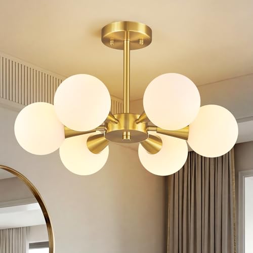 Image of Mid Century Modern Ceiling Light with Milk White Glass lampshade Gold Semi Flush Mount Ceiling Light Fixture Sputnik Chandelier for Bedroom Living Room Dining Room Foyer Hallway(6-Lights)