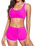 Tempt Me Women Hot Pink Two Piece Sports Bikini Athletic Swimsuits Racerback Crop Top with Boy Shorts Bathing Suits for Girls Vests L
