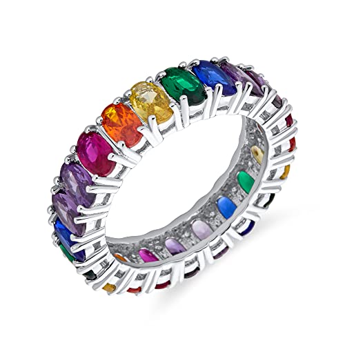 Bling Jewelry AAA Cubic Zirconia LGBTQ Colorful Rainbow Oval Cut Multi Color CZ Eternity Ring Anniversary Wedding Band For Women .925 Sterling Silver 5MM Stackable Rings2
