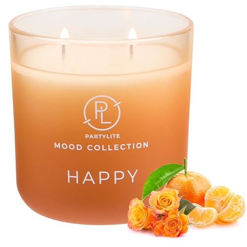 PartyLite Happy Scented, with Notes of Madagascar Mandarin and Orange Peel, 14.1oz 2-Wick Ombre Jar Candle, 24-48 Hour Burn Time, Part of The Mood Collection, Citrus & Floral, Perfect for Gifting